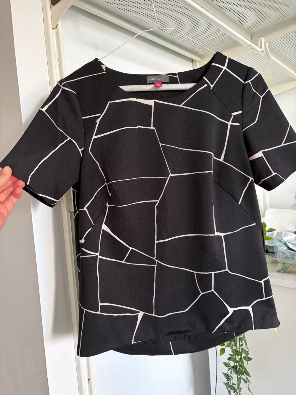 Vince Camuto Black Top with White Geometric Lines